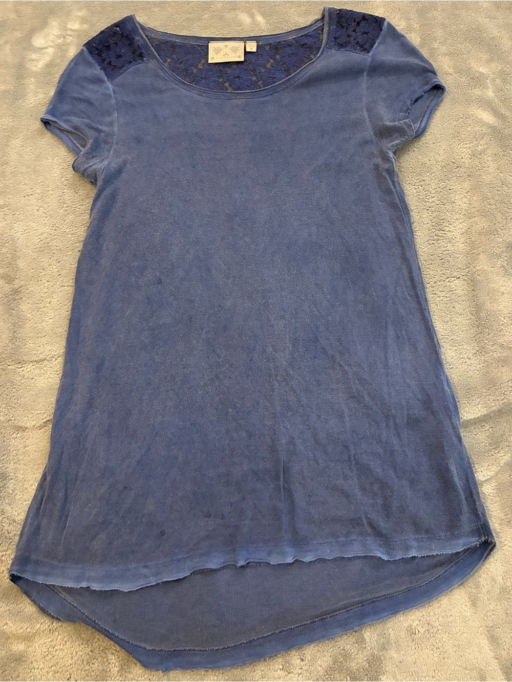 Women’s Dantelle Blue Vintage Style Lace Shoulder Short Sleeve Tunic Top Size M
